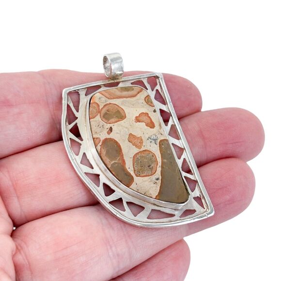 Vintage Sterling Silver 950 Openwork Frame Leopard Jasper Pendant - Picture 1 of 8